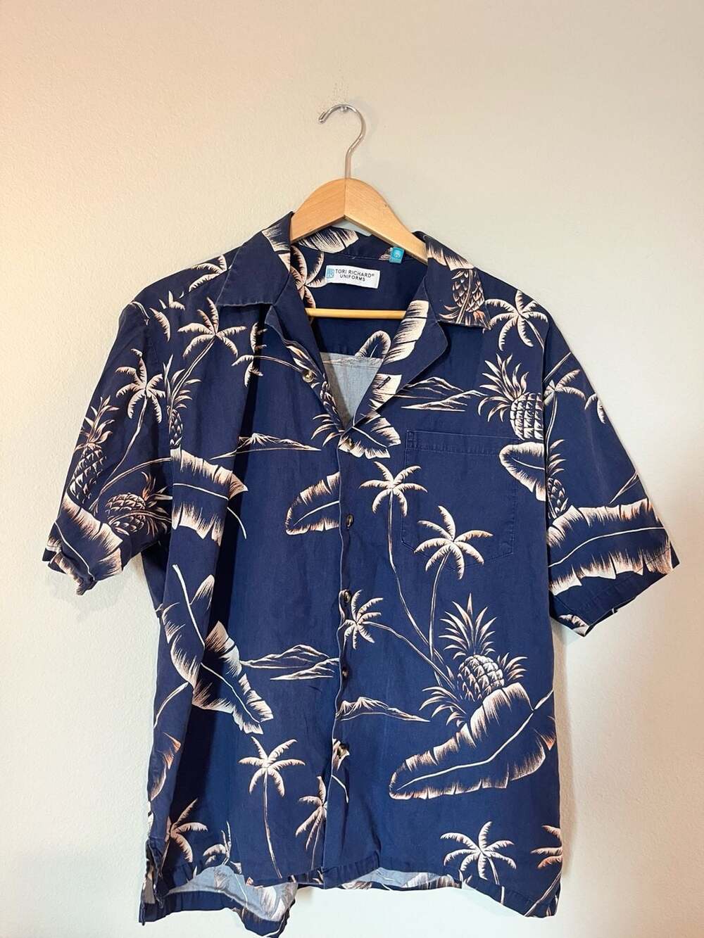 Tori Richard, Uniforms Tropical Hawaiian Shirt, Navy Blue Palm Trees, Large